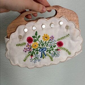 Floral Embroidered Clutch with Wooden Handle